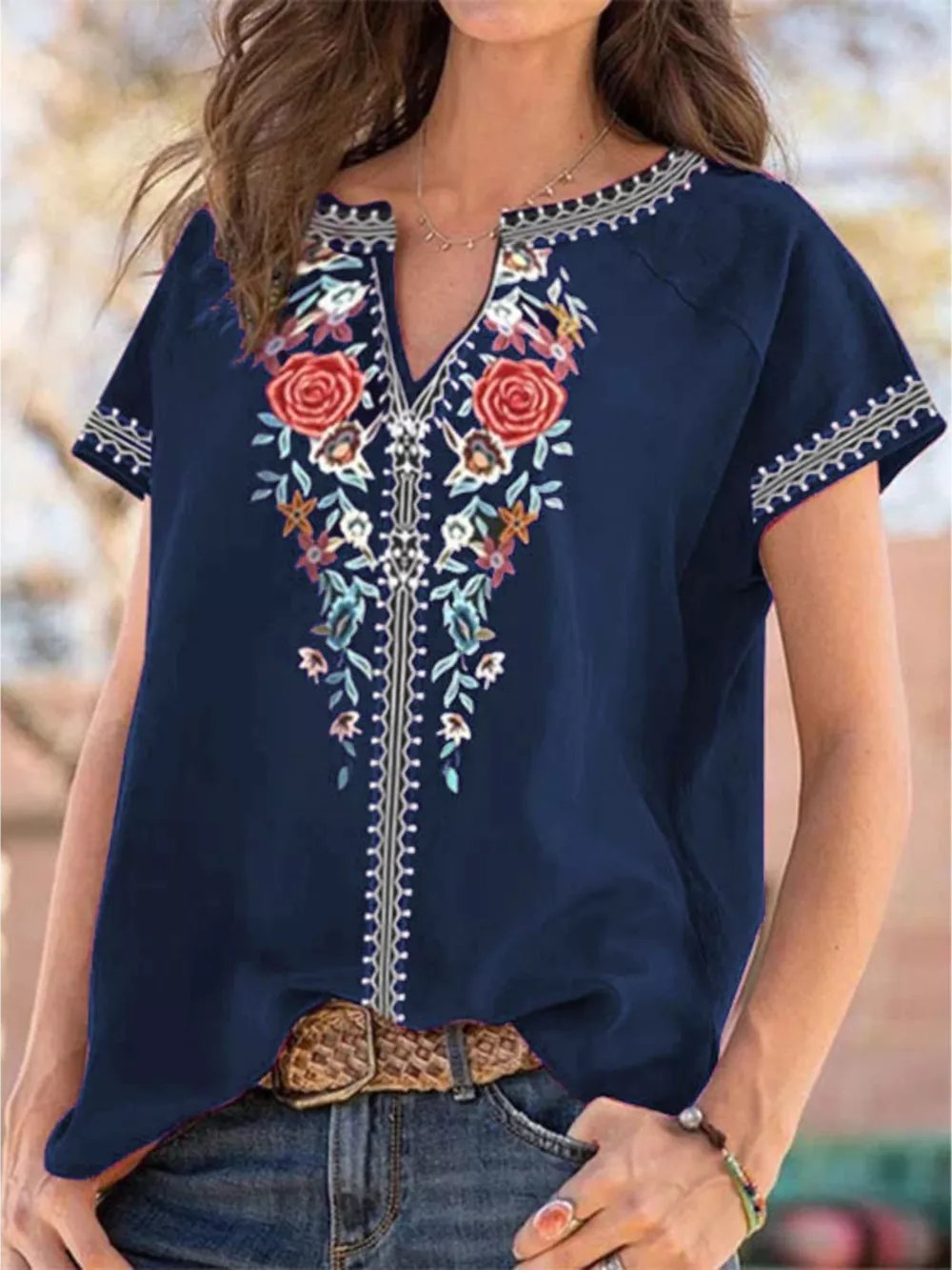 Full Size Floral Notched Short Sleeve Blouse Plus Size, image 10