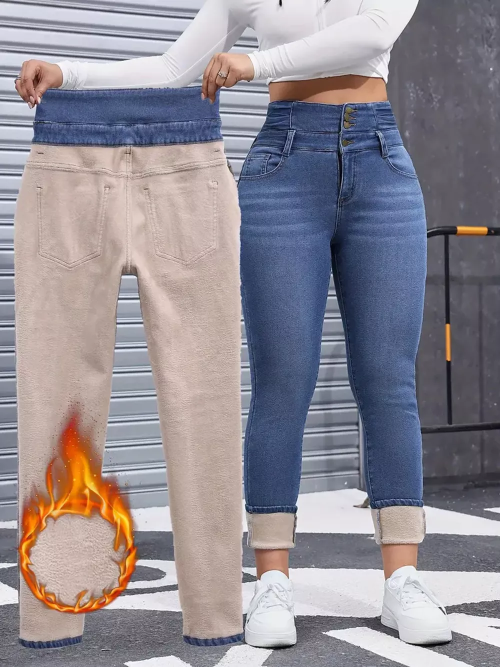 High-Waisted Slim Fit Fleece-Lined Jeans, image 6