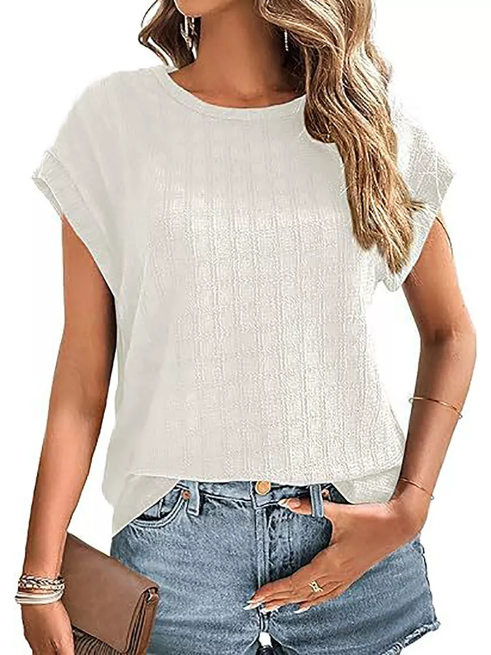 Textured Round Neck Short Sleeve Top, image 10