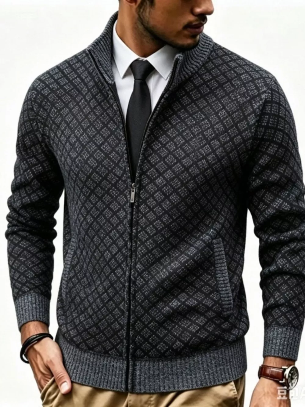 Men's Plus Size Geometric Patterned Full-Zip Cardigan, image 2