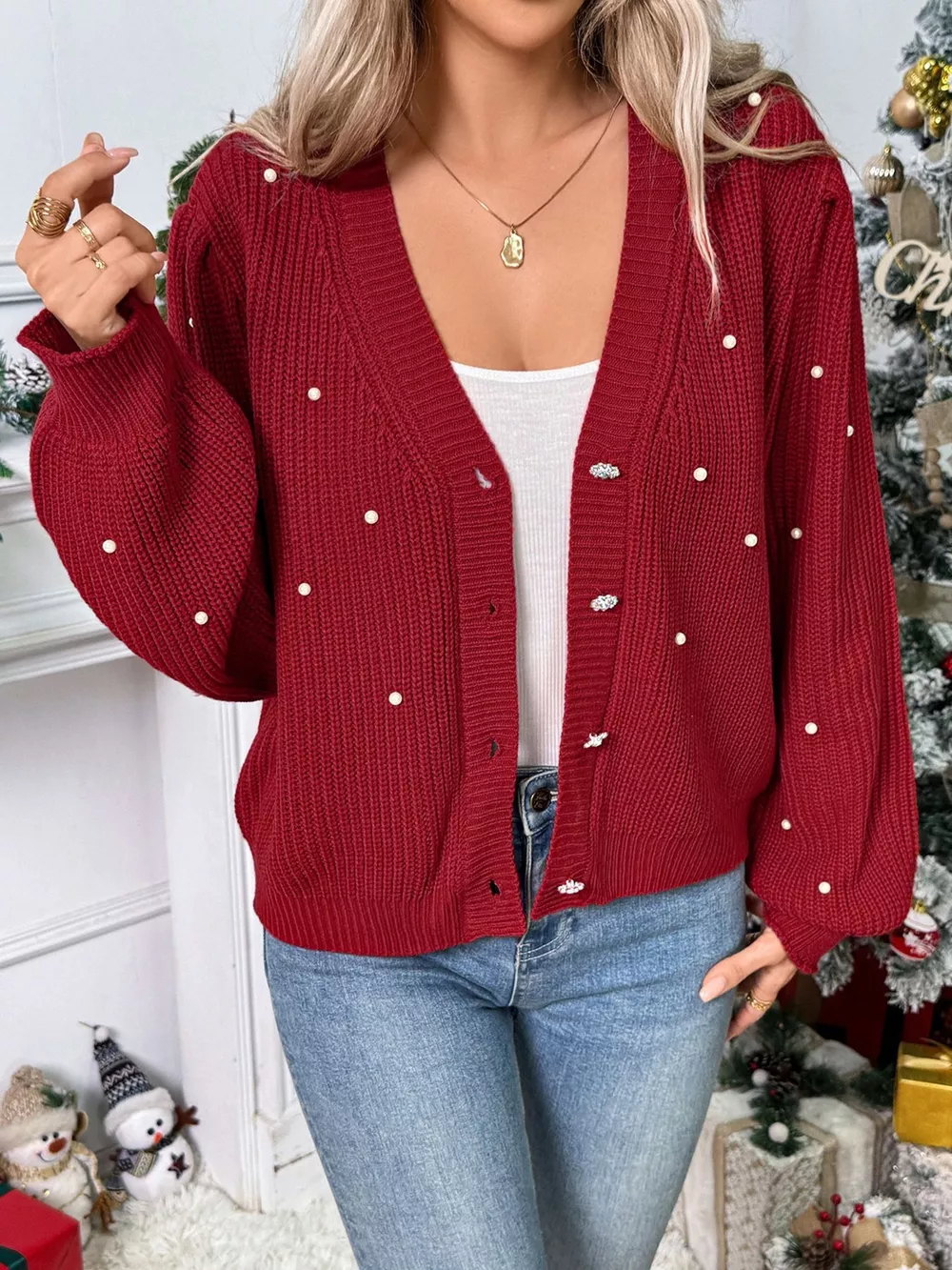 Pearl Embellished Button Up Cardigan, image 6