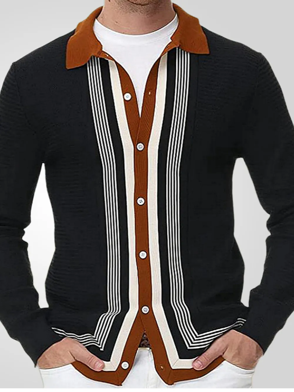 Men's Plus Size Striped Button Up Long Sleeve Polo, image 2