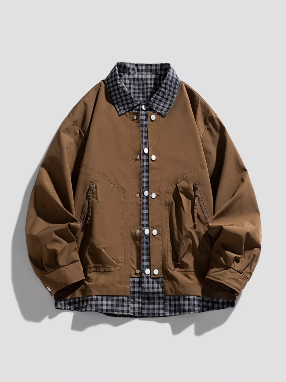Men's Plus Size Plaid Trim Snap Down Casual Jacket, image 8