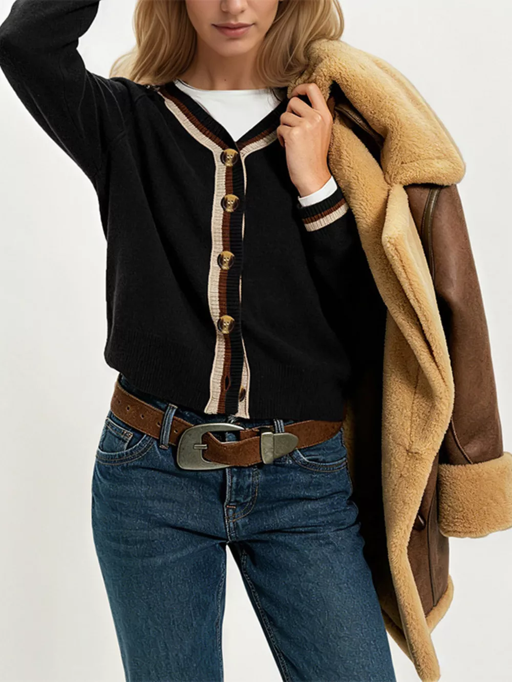 Striped Trim Button-Down Cardigan, image 7