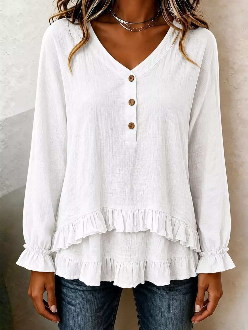 V-Neck Long Sleeve Button Detail Ruffled Hem Blouse, image 2
