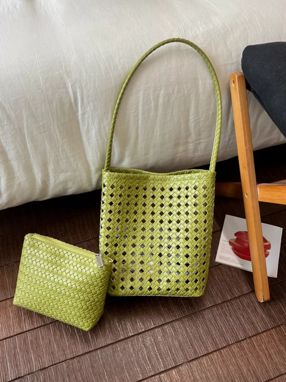 Woven Leather Handbag with Matching Pouch, image 5