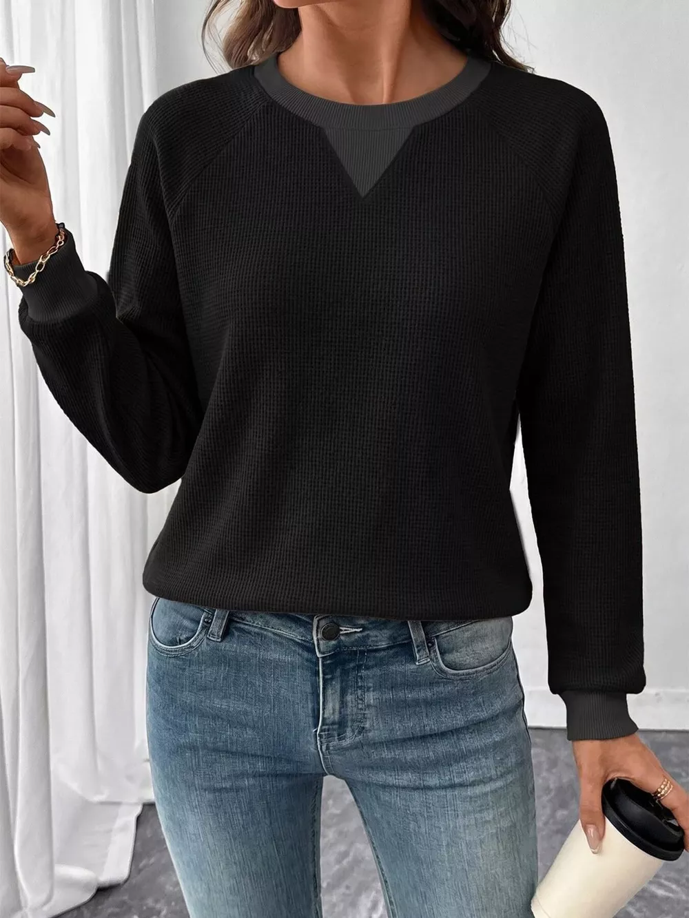 Waffle Knit Crew Neck Long Sleeve Sweatshirt, image 5