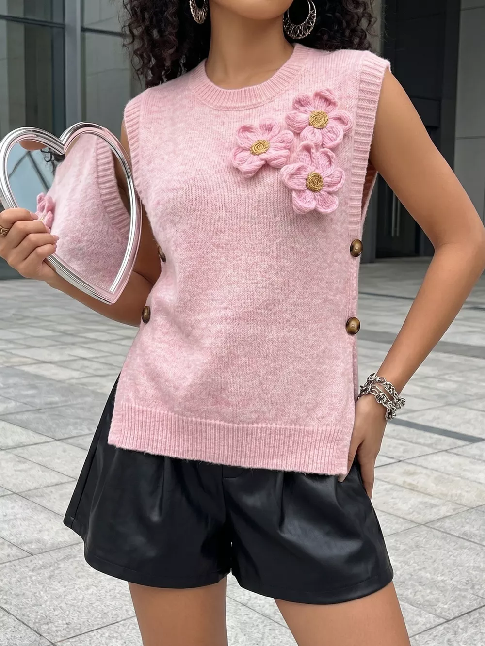 Side Button Sweater Vest with 3D Floral Appliques