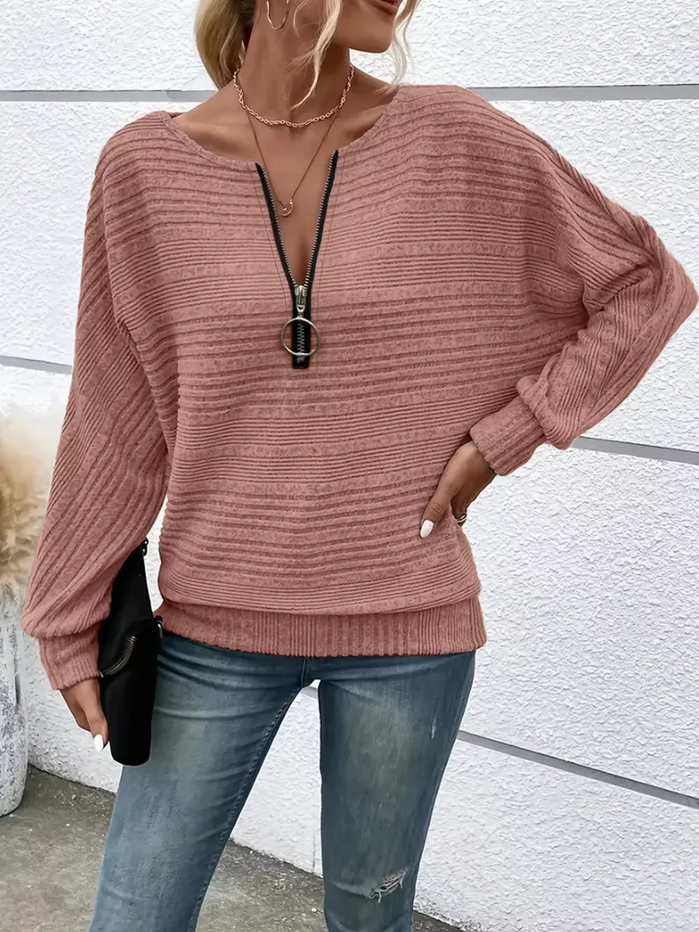 Ribbed Knit Quarter Zip Sweatshirt, image 11