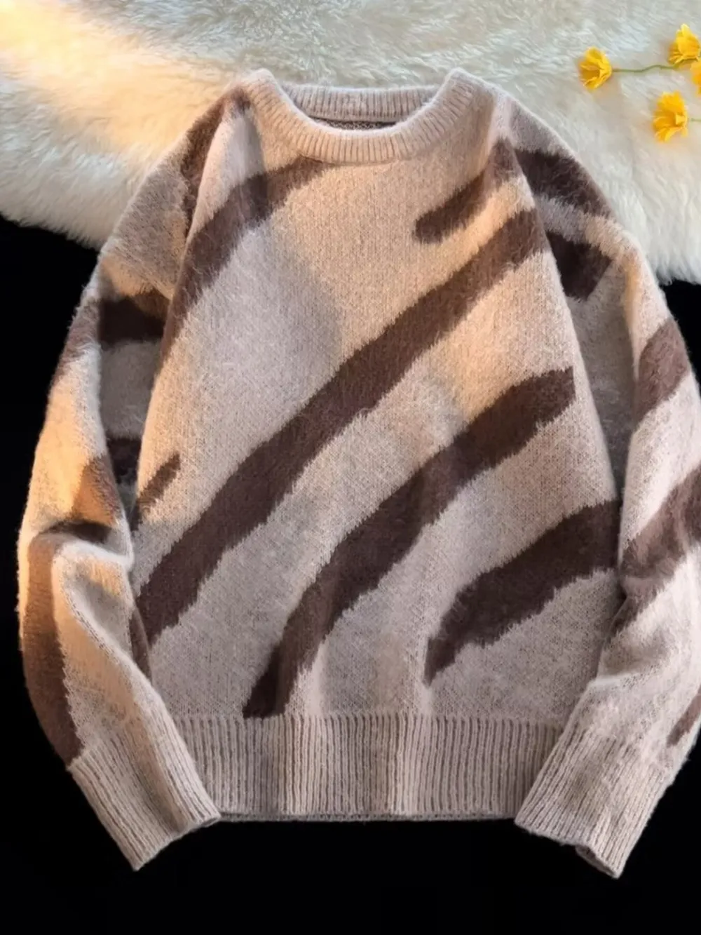 Men's Striped Fuzzy Knit Pullover Sweater, image 3