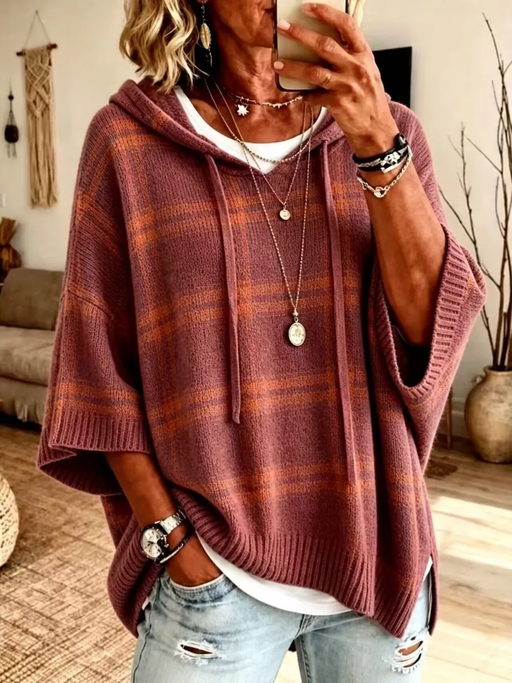 Full Size Drawstring Plaid Hooded Sweater Plus Size, image 15