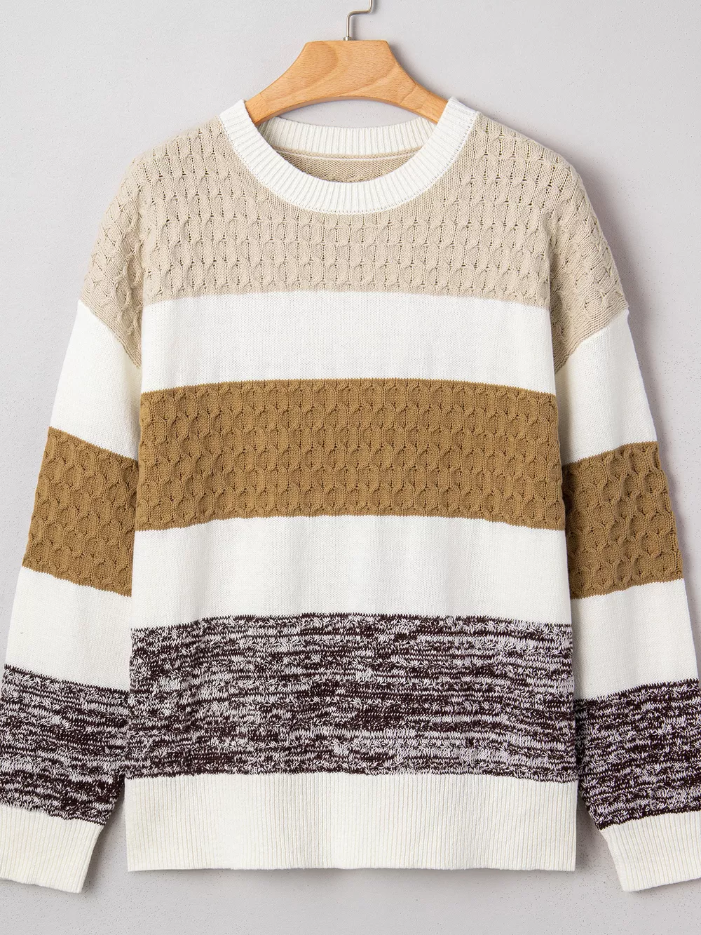 Mixed Texture Knit Striped Color Block Loose Sweater, image 9