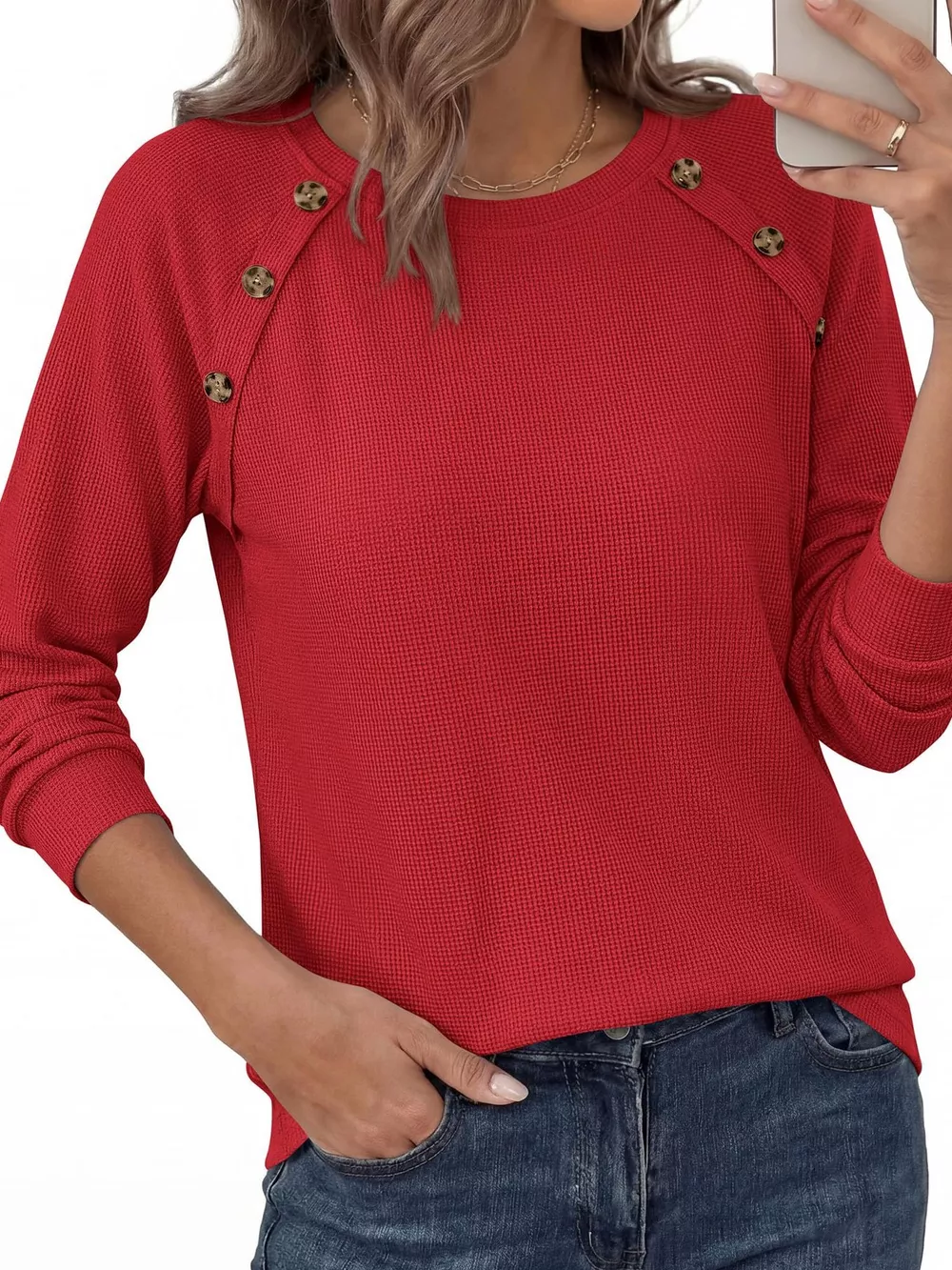 Decorative Button Waffle Knit Long Sleeve T-Shirt, image 24
