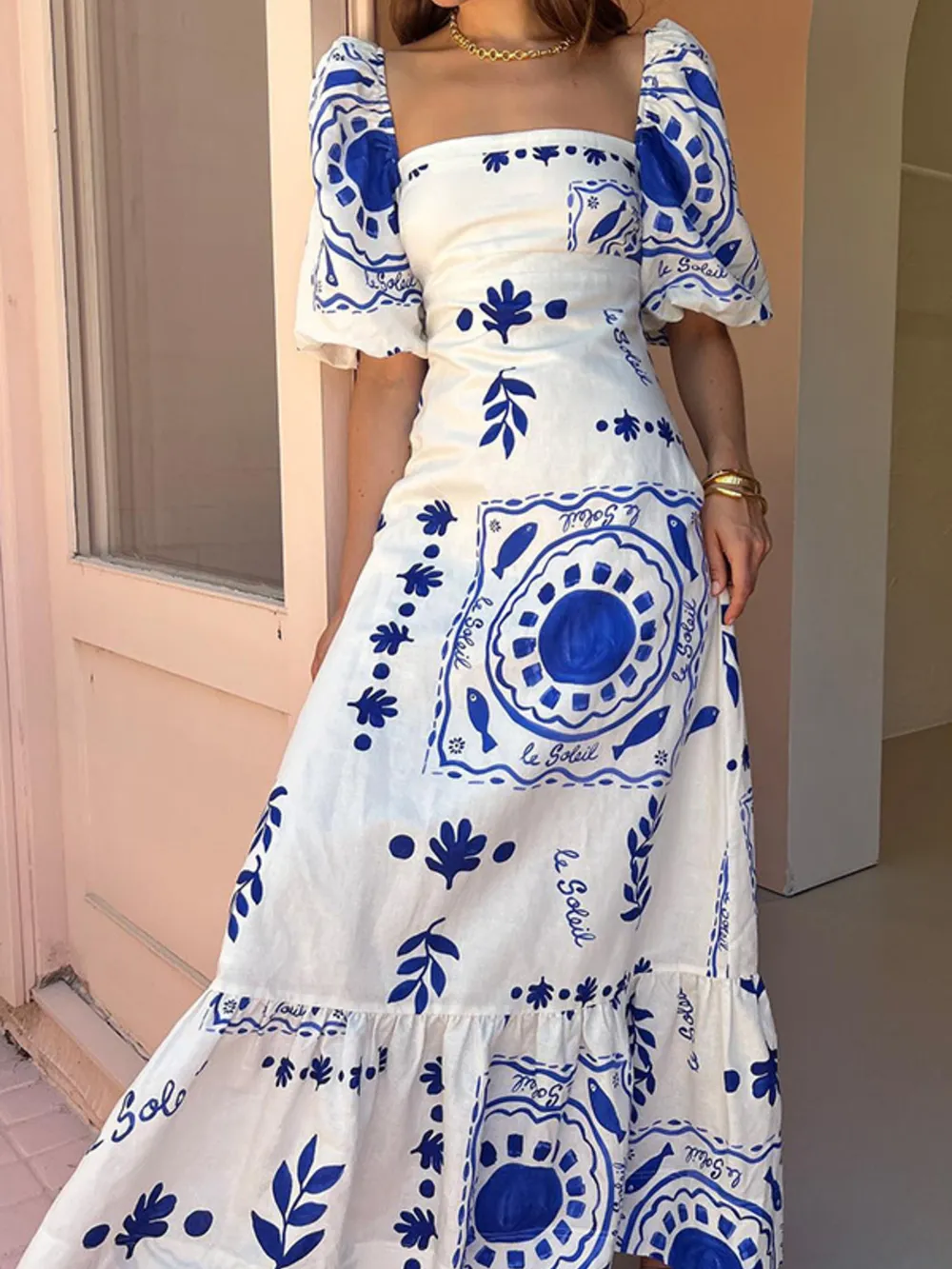 Floral Square Neck Puff Sleeve Maxi Dress with Ruffle Hem, image 9