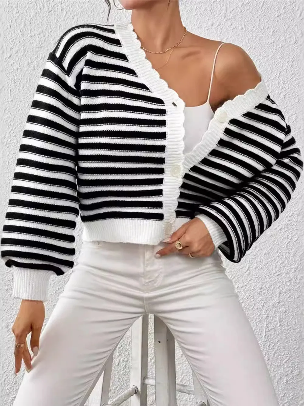 Rainbow Striped Cropped Cardigan with Balloon Sleeves, image 10