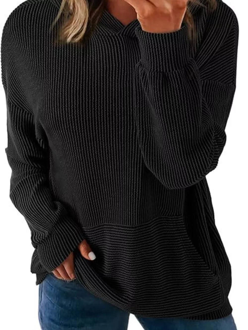 Ribbed Oversized Hoodie Sweatshirt with Pocket, image 12