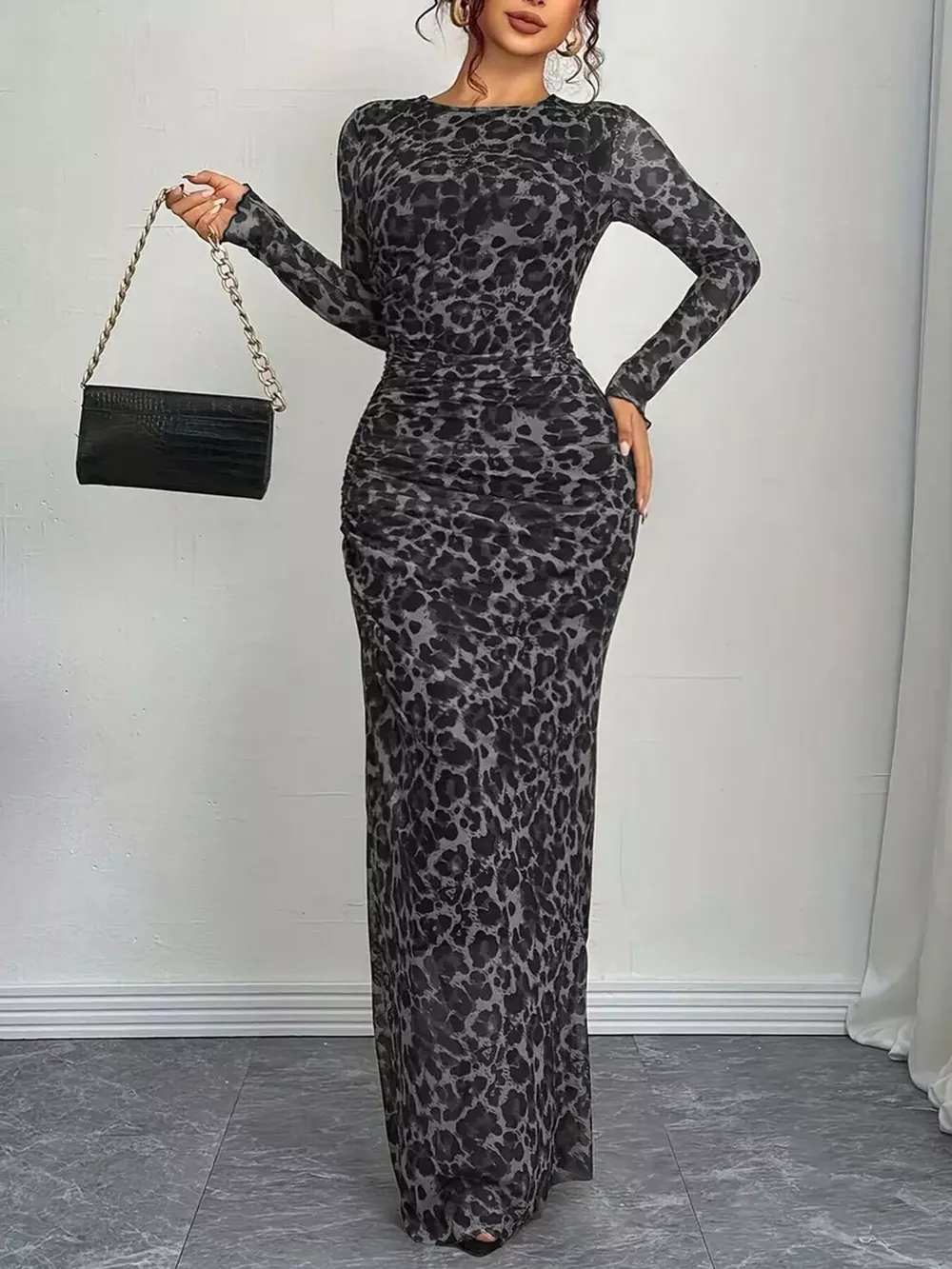 Leopard Ruched Bodycon Maxi Dress, image 8