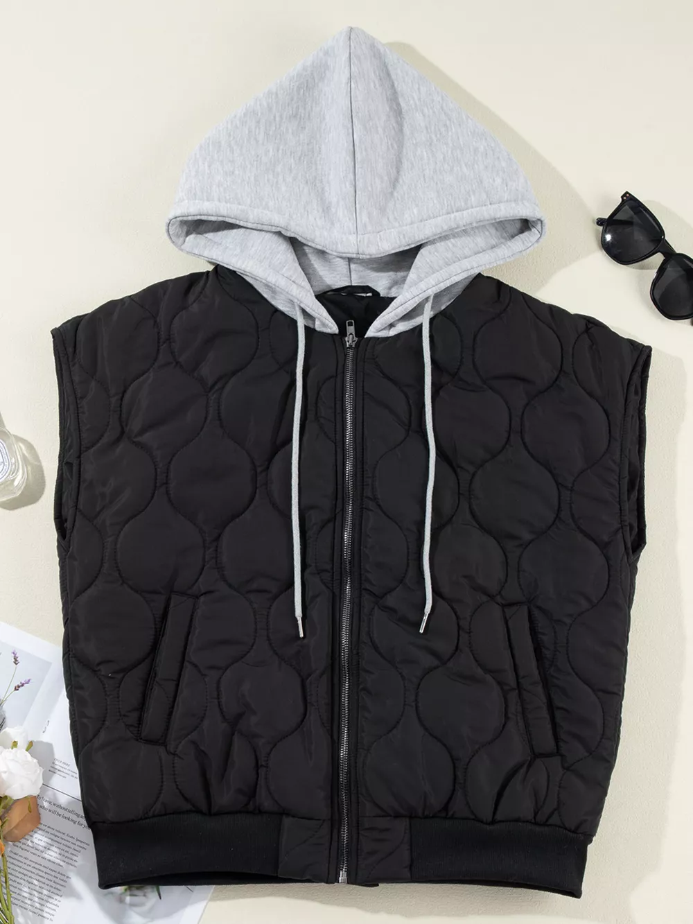 Quilted Drawstring Hooded Zip Up Puffer Vest, image 6