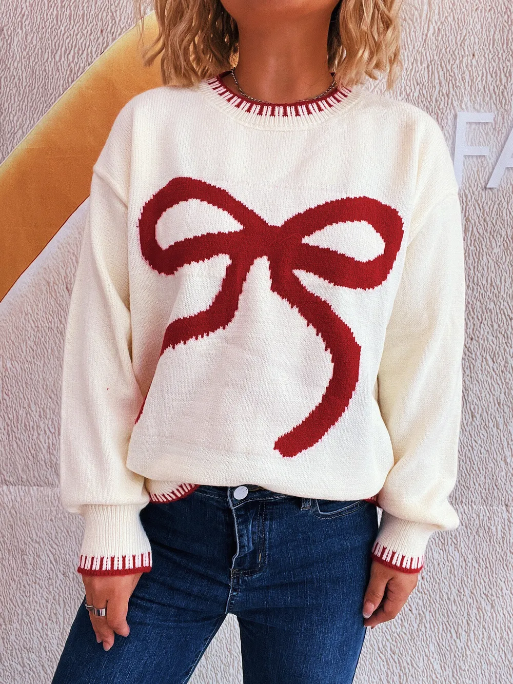 Bow Pattern Round Neck Sweater, image 3