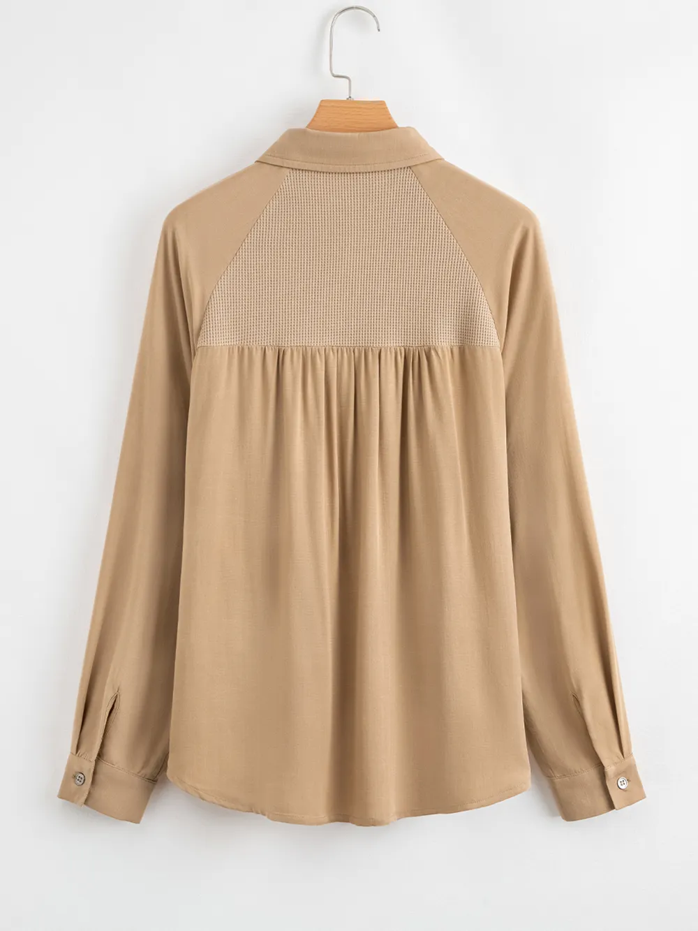 Waffle Patchwork Button Up Frayed Hem Shirt, image 5