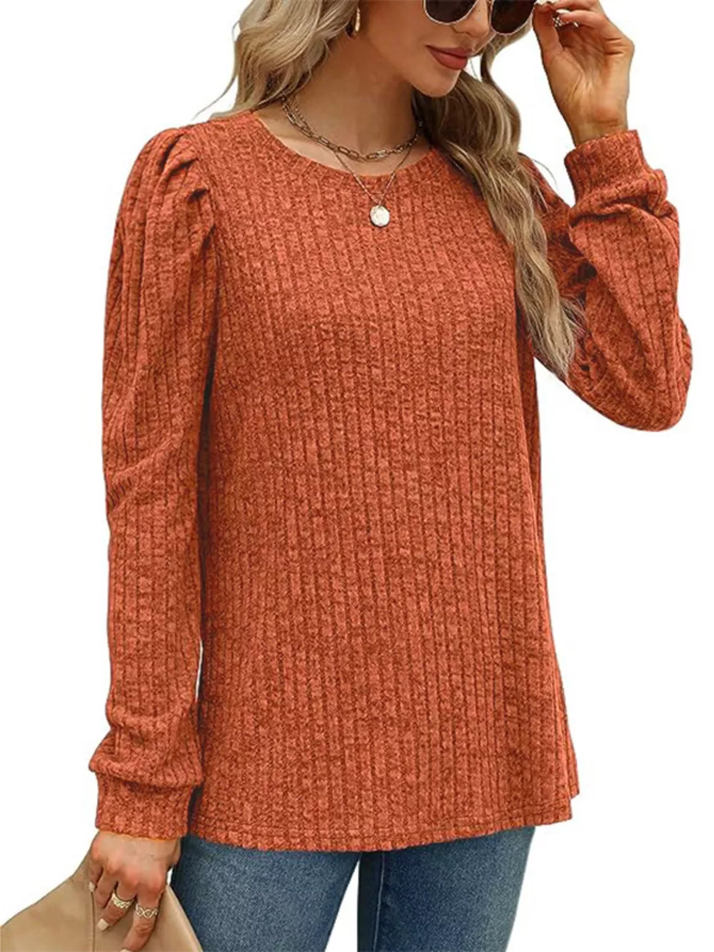 Ribbed Knit Top with Puff Sleeves, image 8