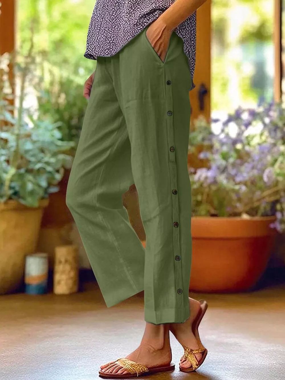 Full Size Side Button Decor Pants Plus Size, image 12