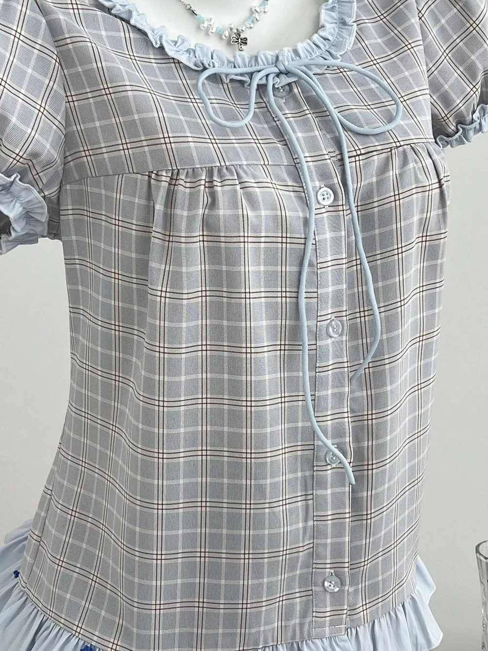 Plaid Ruffle Trim Puff Sleeve Blouse, image 2