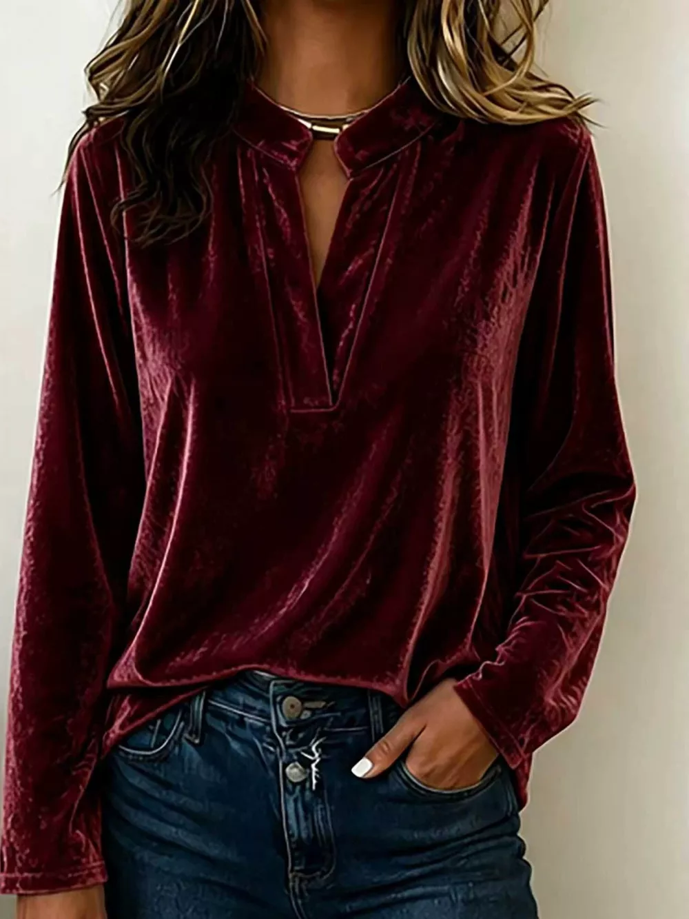 Full Size Velvet Notched Long Sleeve Blouse Plus Size, image 7