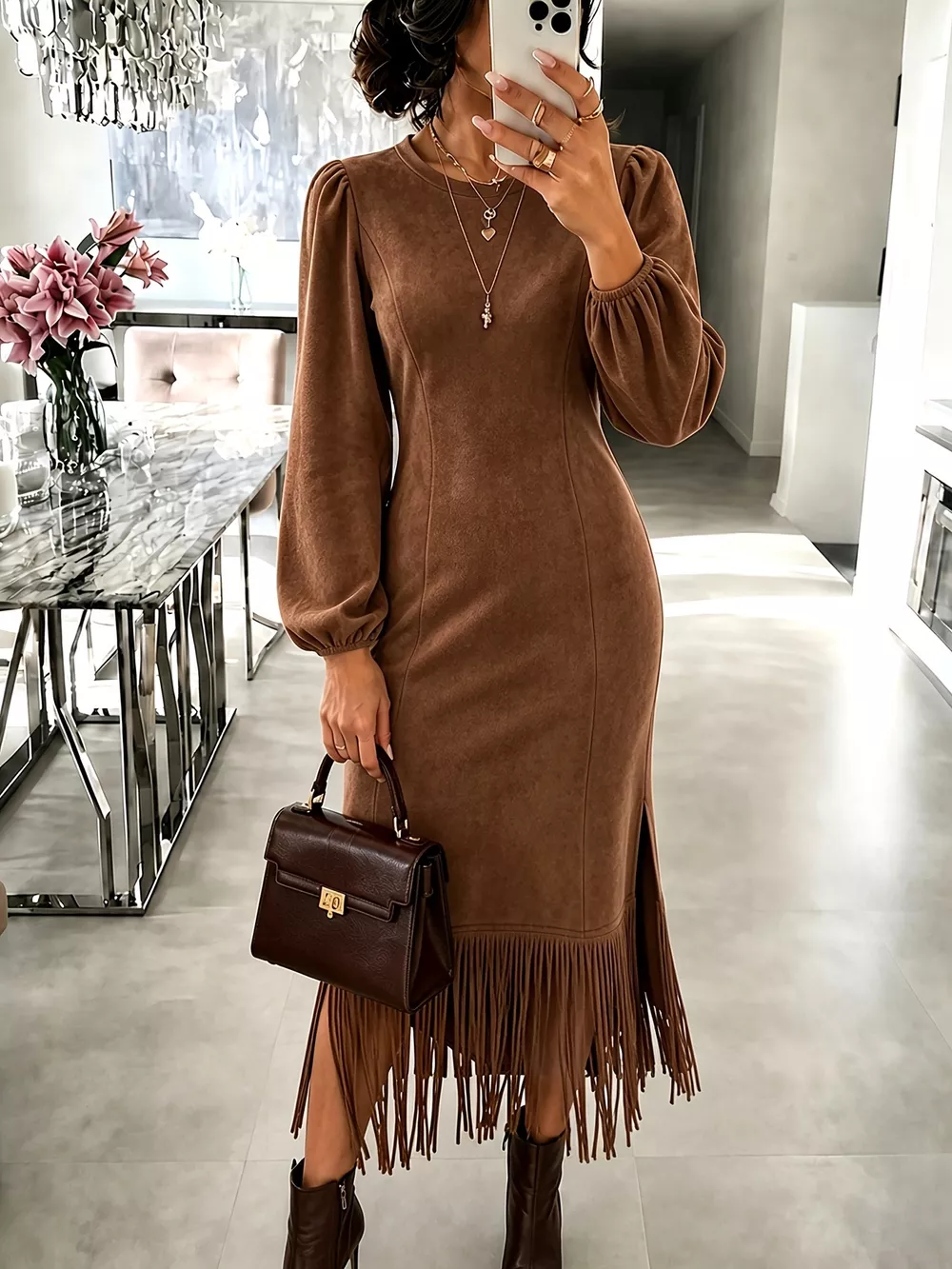 Fringe Balloon Sleeve Midi Dress, image 5