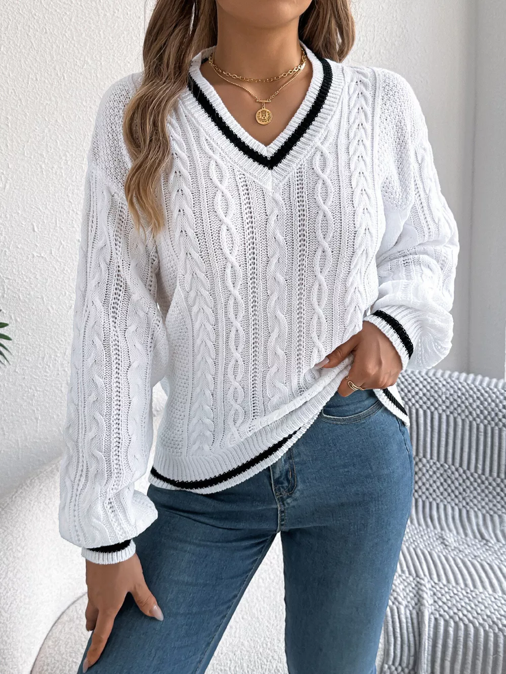 V-Neck Cable Knit Sweater with Striped Trim, image 15