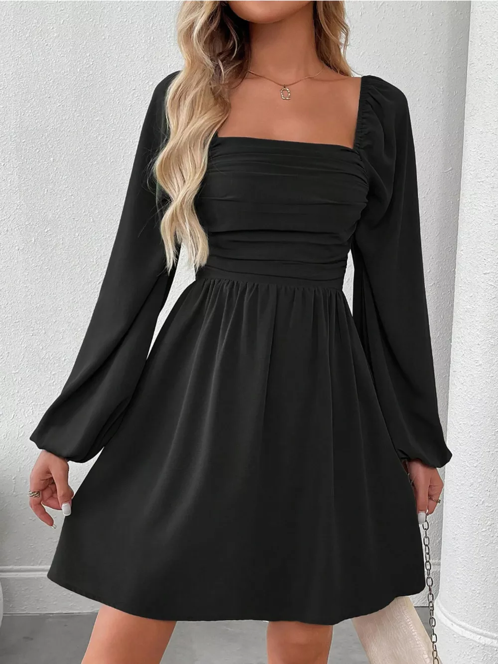 Ruched Square Neck Long Sleeve A-Line Dress, image 15