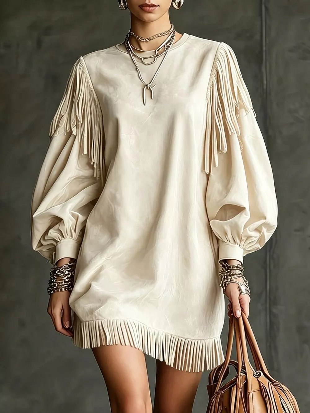 Fringe Detail Lantern Sleeve Mini Dress, image 7