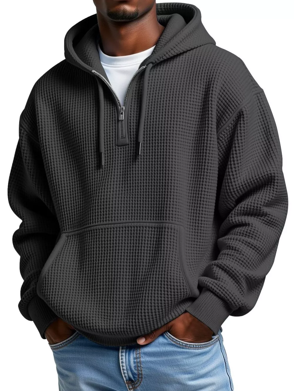 Men's Full Size Textured Waffle Knit Half-Zip Hoodie Plus Size, image 10