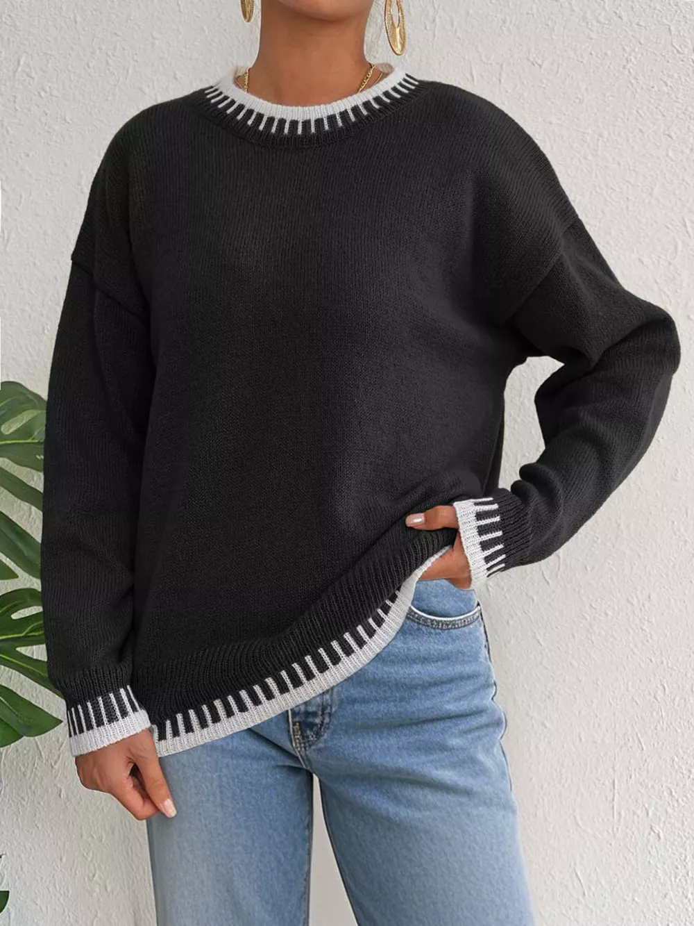 Contrast Trim Crew Neck Drop Shoulder Sweater, image 5