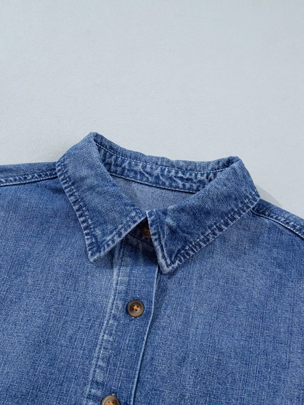 Three Quarter Sleeve Button Front Loose Denim Shirt, image 13