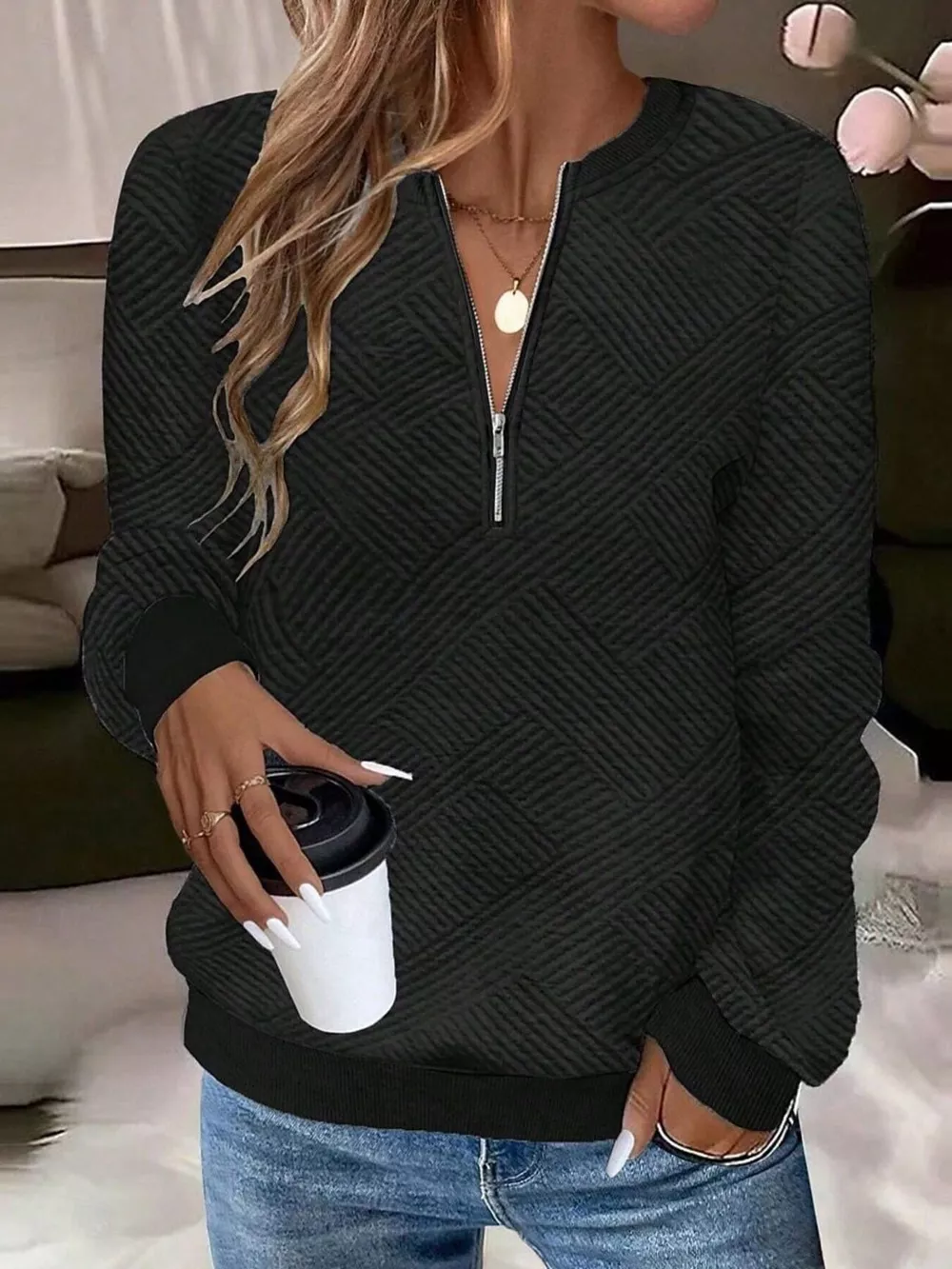 Textured Quarter-Zip Sweatshirt, image 2