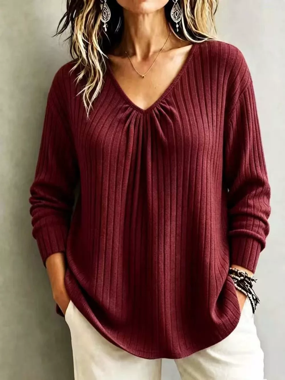 V-Neck Ribbed Long Sleeve T-Shirt, image 2