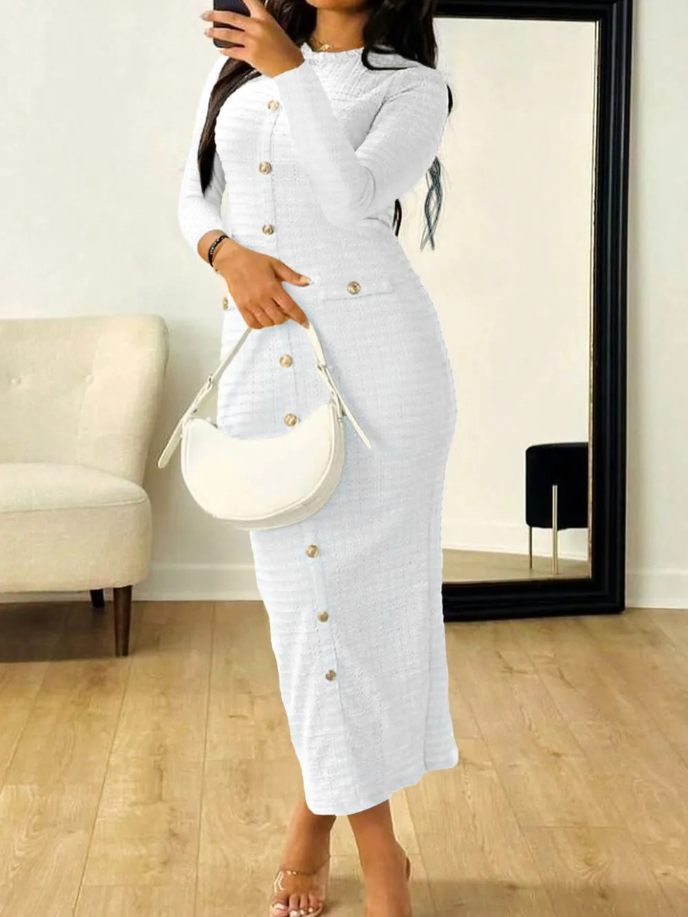 Textured Long Sleeve Midi Dress, image 3