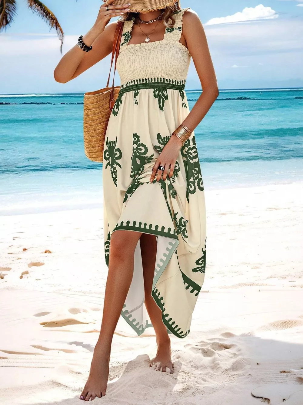 Smocked Printed Square Neck Maxi Dress, image 13