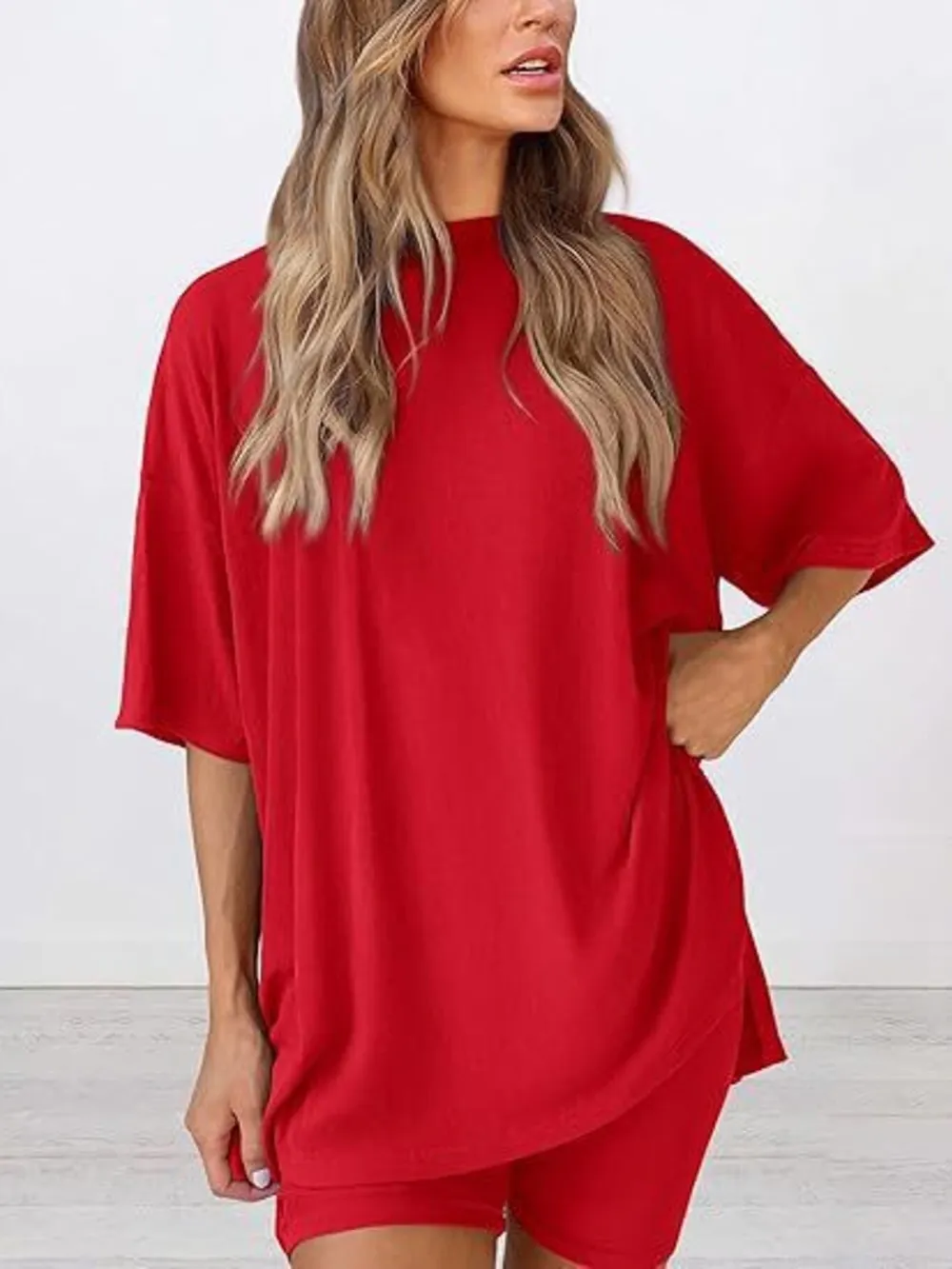 Full Size Oversized Slit Round Neck Top and Shorts Lounge Set Plus Size, image 12