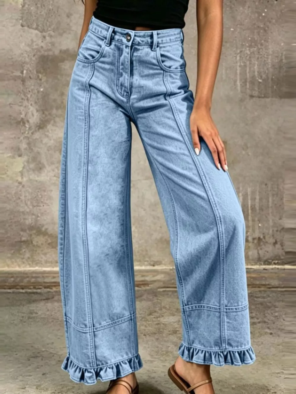 Full Size High-Waisted Wide-Leg Ruffle Hem Jeans Plus Size