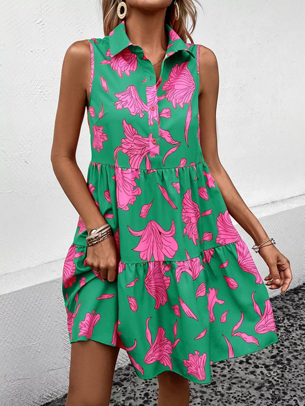 Sleeveless Floral Print Tiered Shirt Dress, image 2