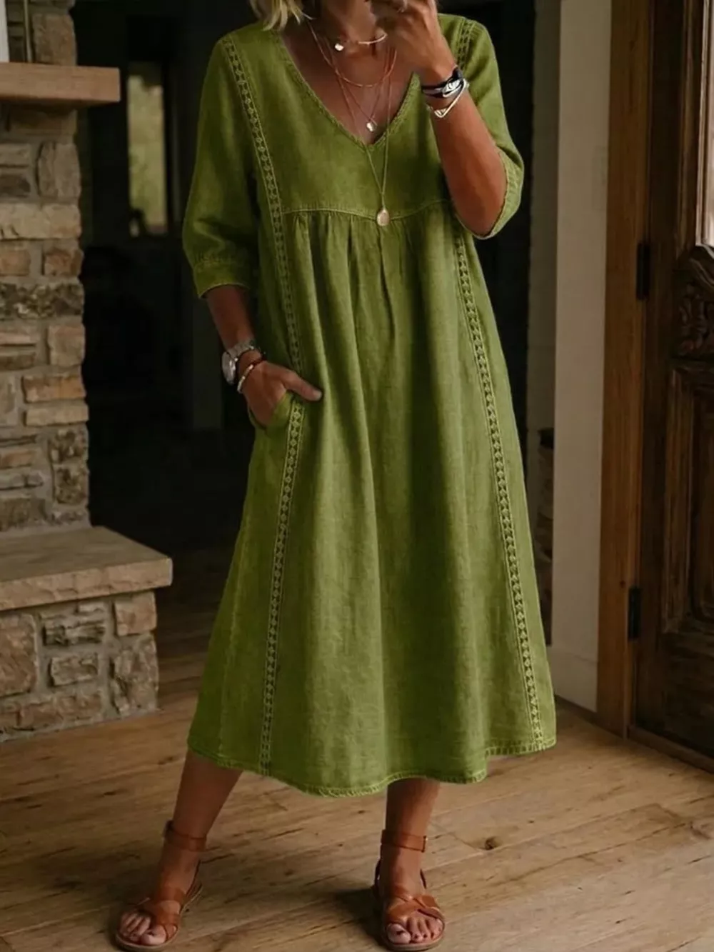 Full Size V-Neck 3/4 Sleeve Midi Dress Plus Size, image 3