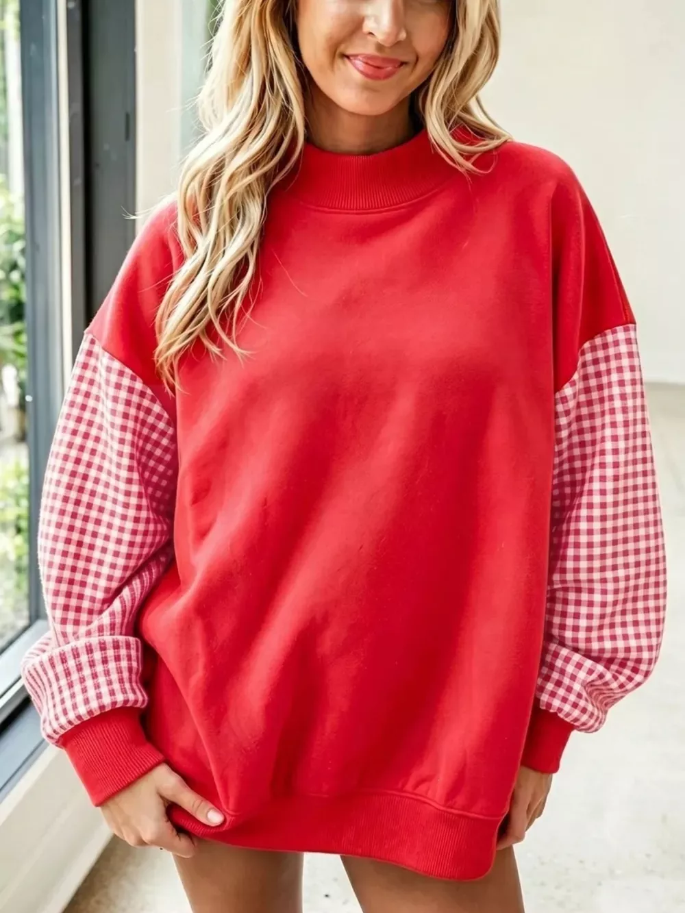 Gingham Sleeves Round Neck Sweatshirt, image 5