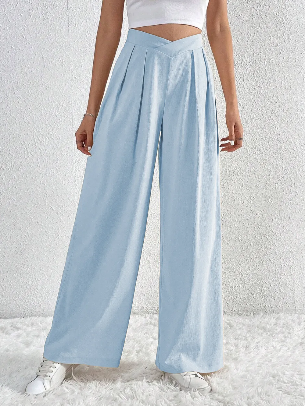 V-Waisted Ruched Front Wide Leg Pants, image 18