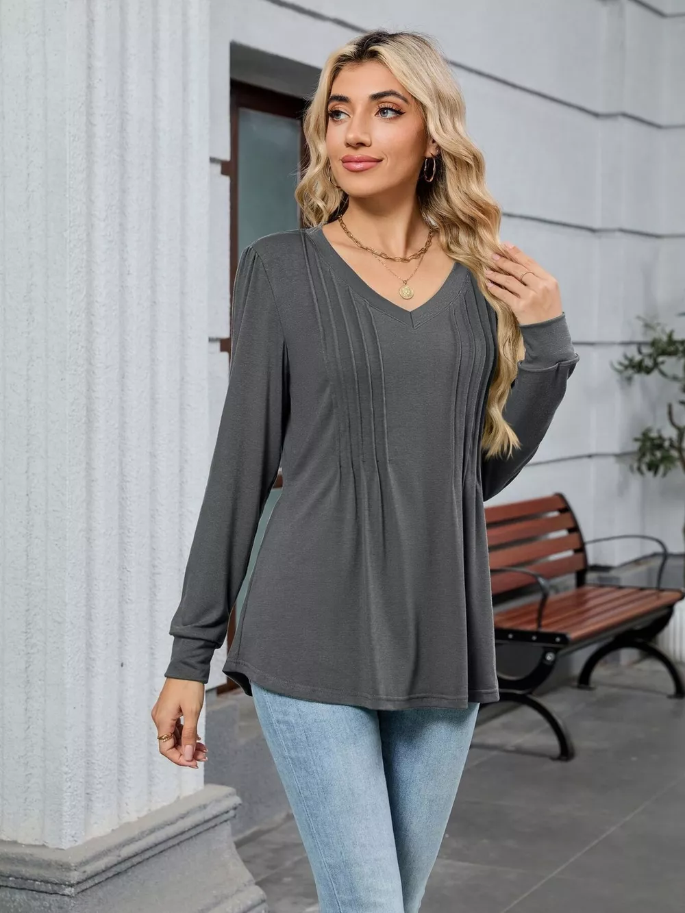 V-Neck Long Sleeve Relaxed Fit T-Shirt, image 9