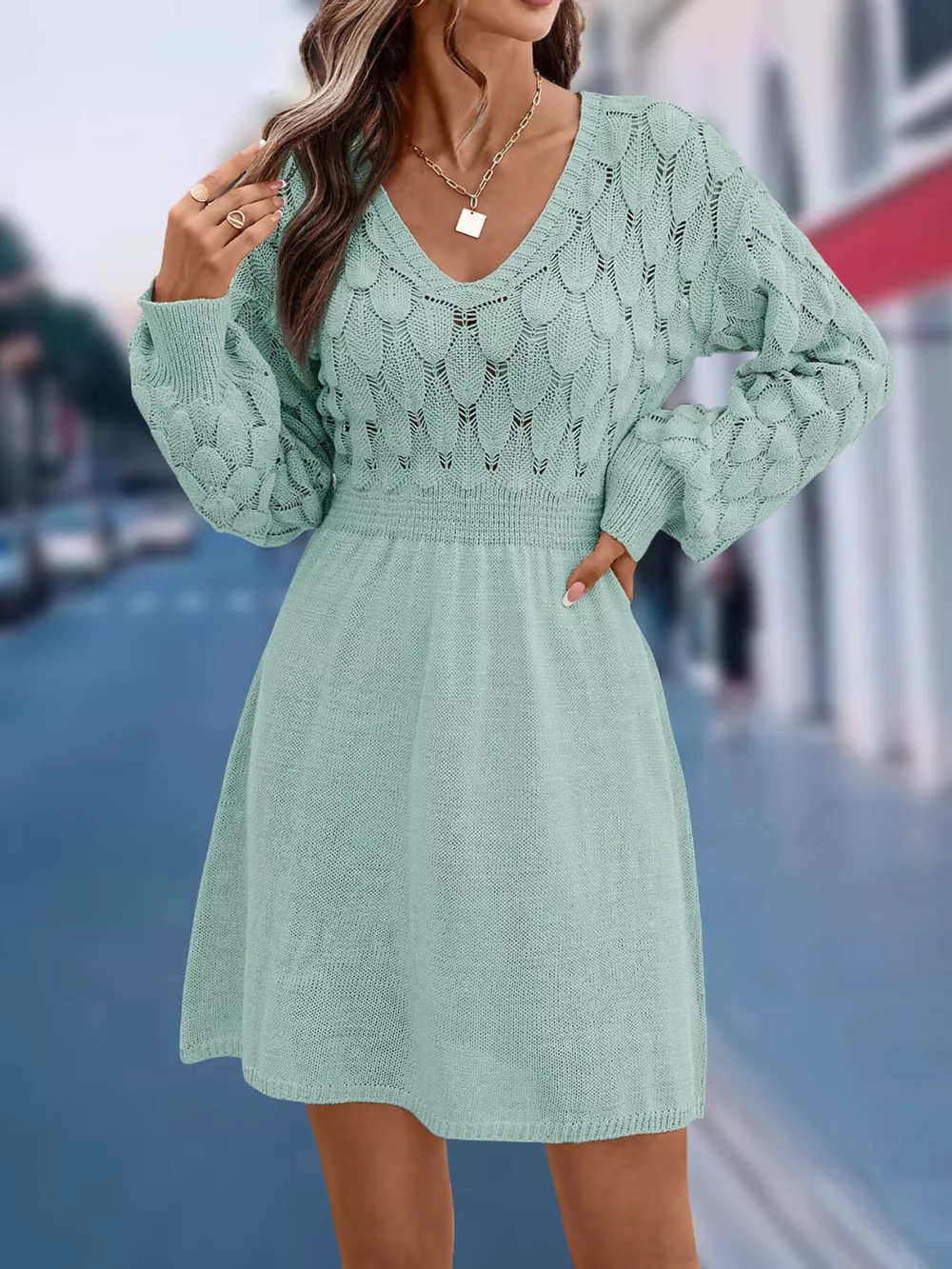 V-Neck Long Sleeve Sweater Dress, image 20