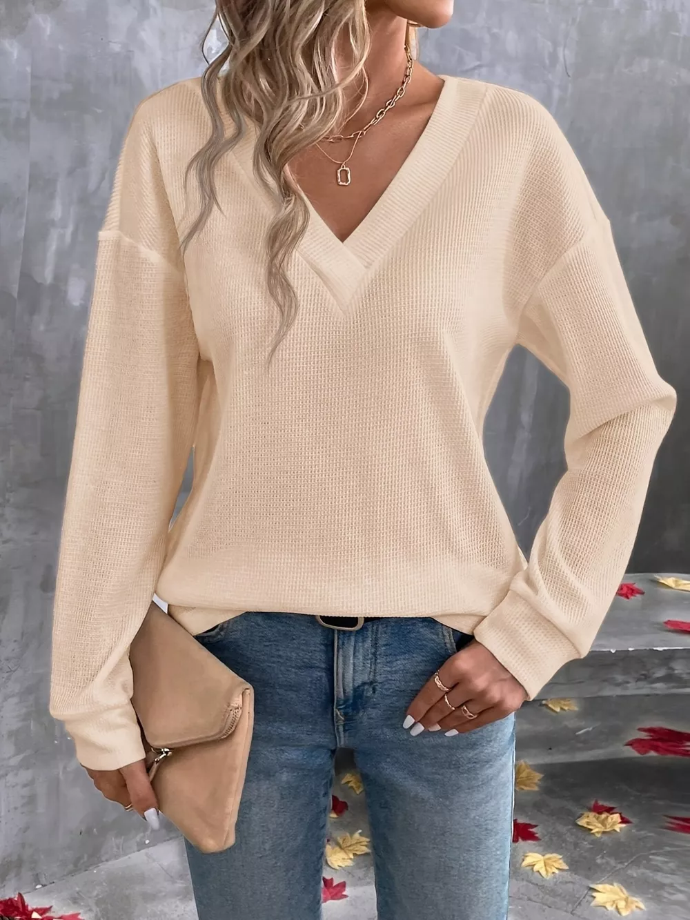 Plus Size V-Neck Long Sleeve Waffle Knit T-Shirt, image 14