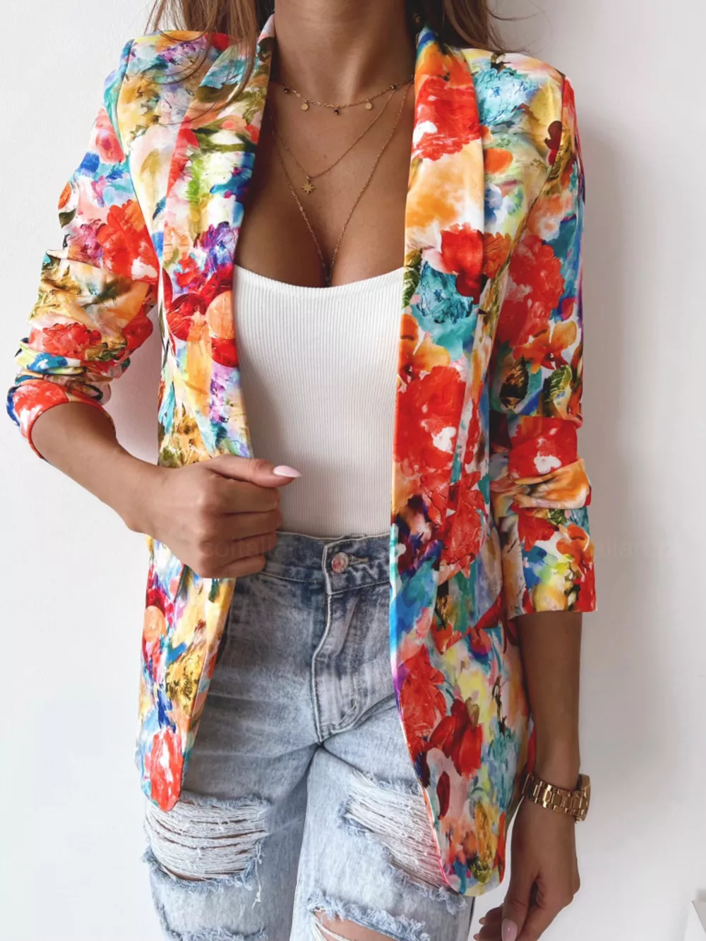 Vibrant Floral Print Open Front Blazer, image 11