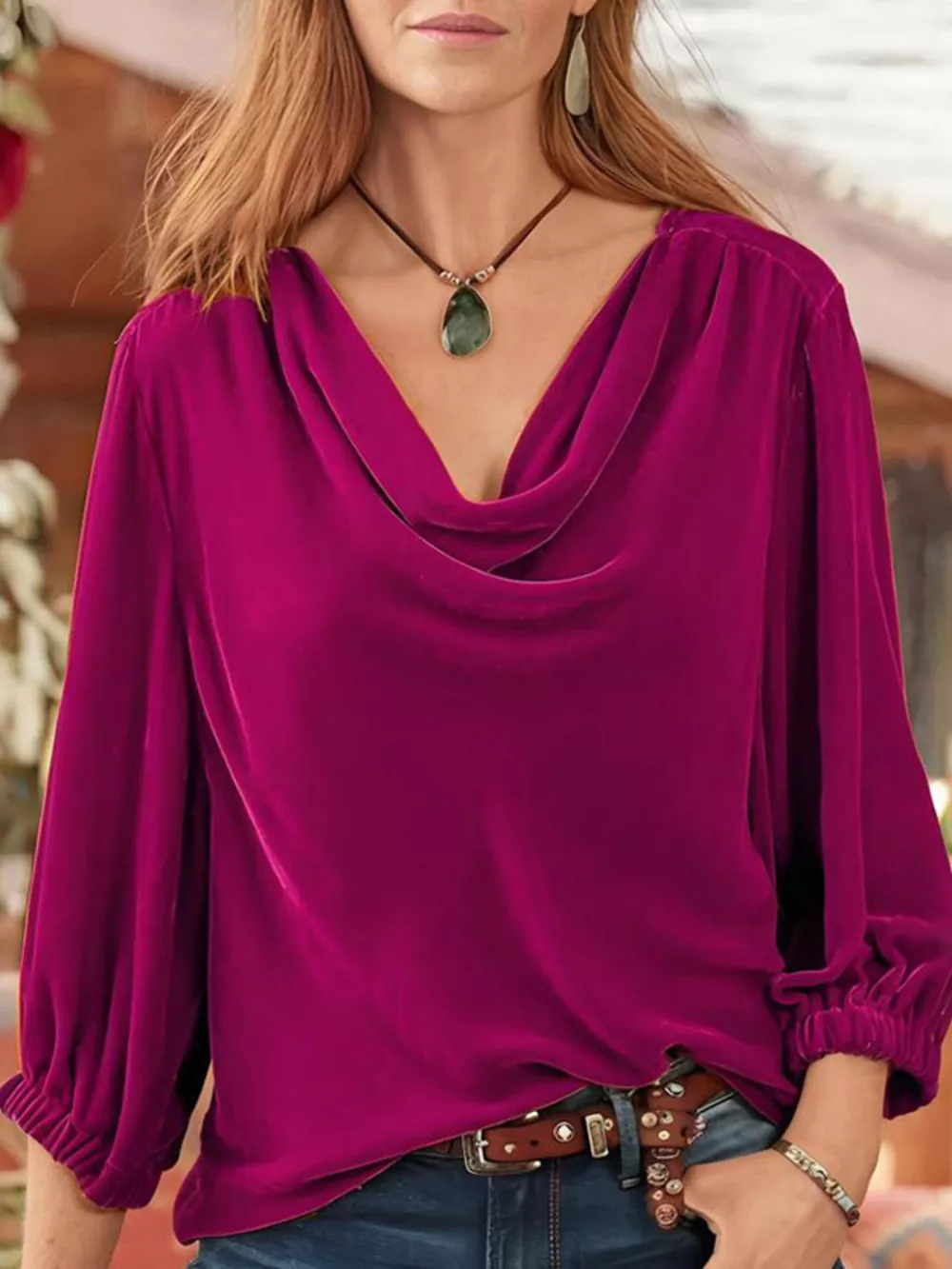 Cowl Neck Long Sleeve Velvet Blouse, image 2